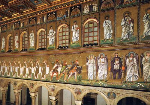 Primeira representación dos Reis Magos cos seus nomes Melchor, Gaspar e Baltasar. Mosaico bizantino da Igrexa de S. Apolinar o Novo de Rávena, s. VI