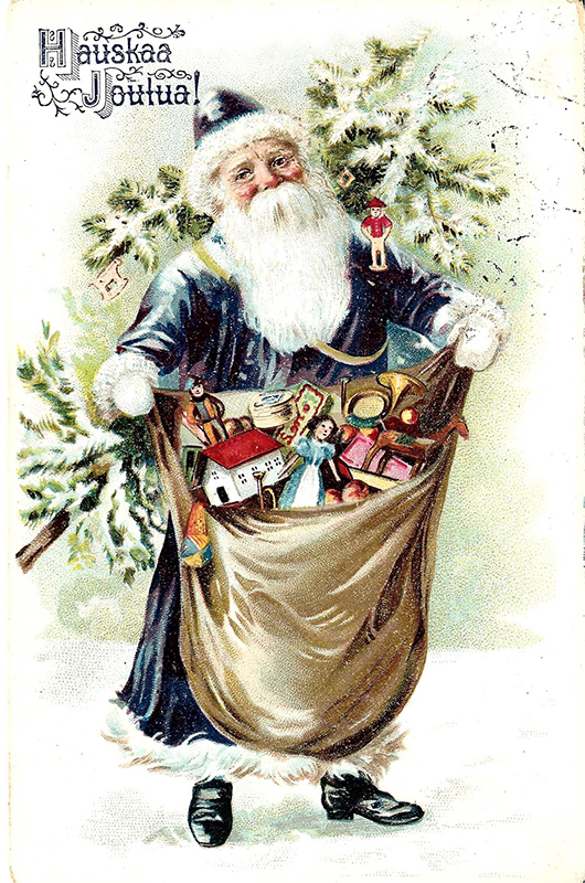 Postal navideña finlandesa cun Joulupukki vestido de azul.