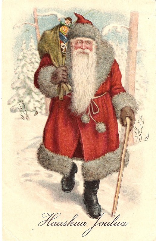 Postal navideña finlandesa cun Joulupukki vestido de vermello.