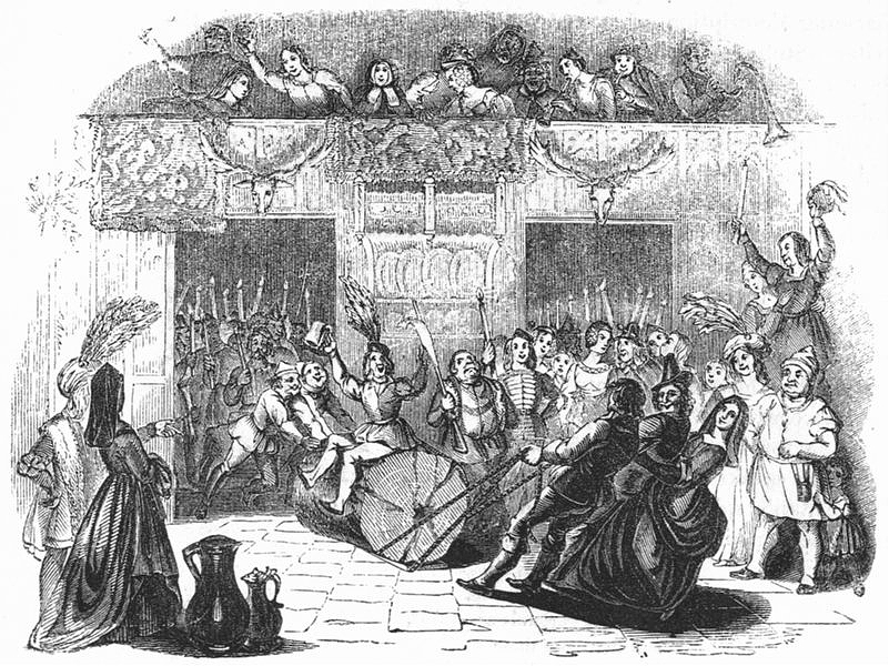 Gravado victoriano do Yule Log. Facíanse competicións das mellores toradas, 1845.