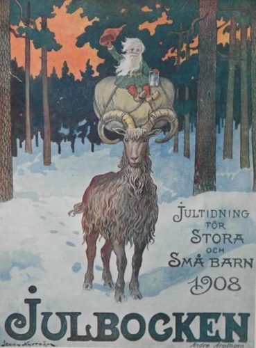 Ilustración de Jenny Nyström da cabra de Nadal montada polo gnomo Julenissen, 1908.