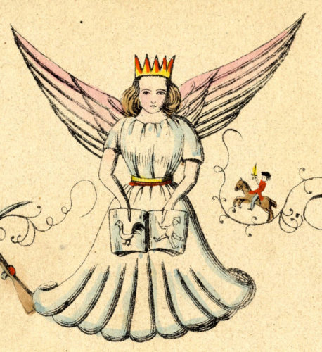 Ilustración de Christkind de 1845 con coroa, ás e nidia connotación feminina.