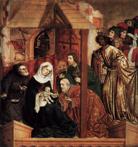 Primeira representación de Baltasar con pel escura. Retablo do Altar de Wurzach. 1437