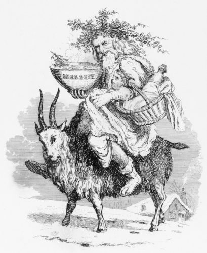 Father Christmas montado na cabra e portando o wassail, Robert Seymour, 1836.