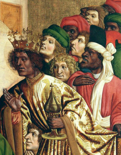 Fragmento do cadro anterior no que se aprecian mellor os riscos raciais occidentais do rei. Pode observarse tamén ao servinte que está detrás del con riscos claramente africanos.